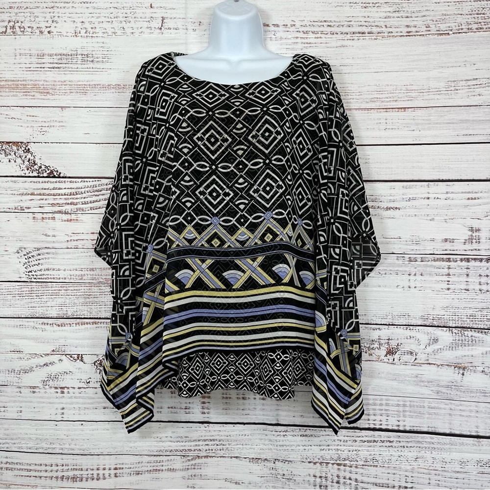 JM Collection Black Print Lined Sheer Overlay Blouse